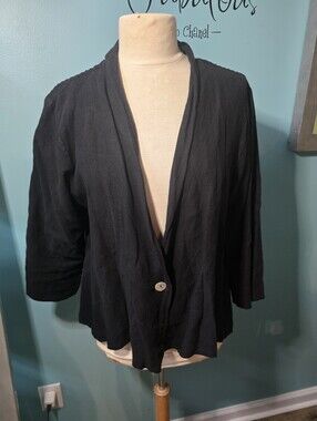 Black Single-Button Open Front Linen Jacket